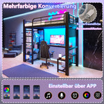 Loft Bed 90x200cm with LED Light & Desk - Black Metal
