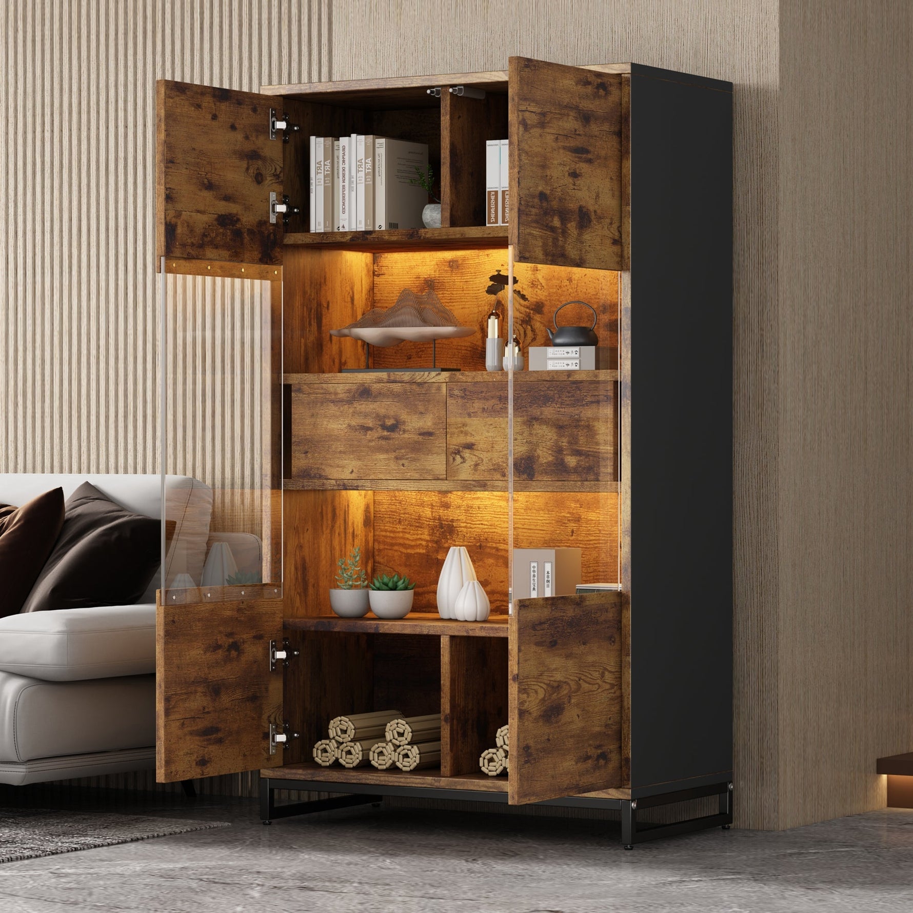 Display Cabinet LED Lighting Storage 2 Drawers Highboard, Black + Wood Grain