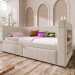 Upholstered Daybed Sofa Bed 90x200cm Pull-out USB/Type-C Armrests Linen Beige
