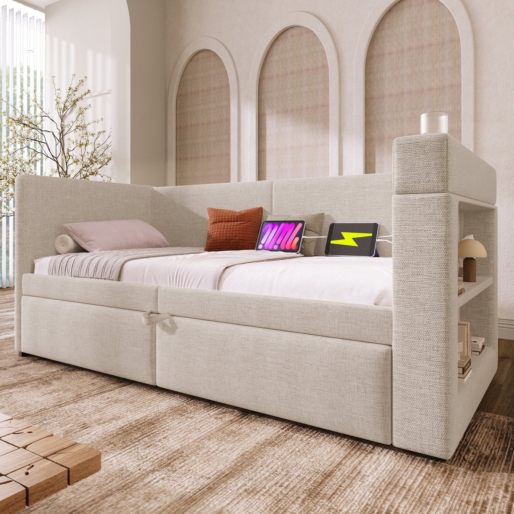 Upholstered Daybed Sofa Bed 90x200cm Pull-out USB/Type-C Armrests Linen Beige