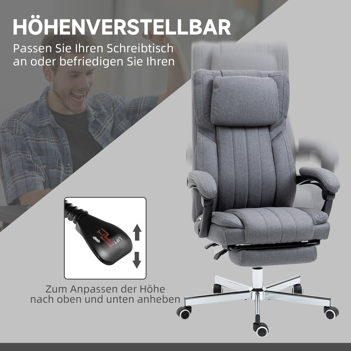 Office Chair Massage Modes Reclining Height Adjustable Footrest, Grey Linen Look