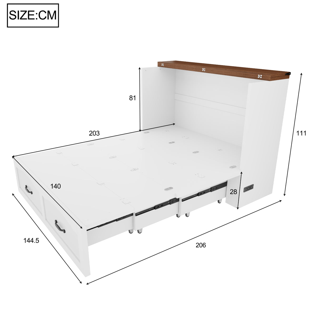 Folding Bed 140x200cm with Storage & Socket, White Metal Frame