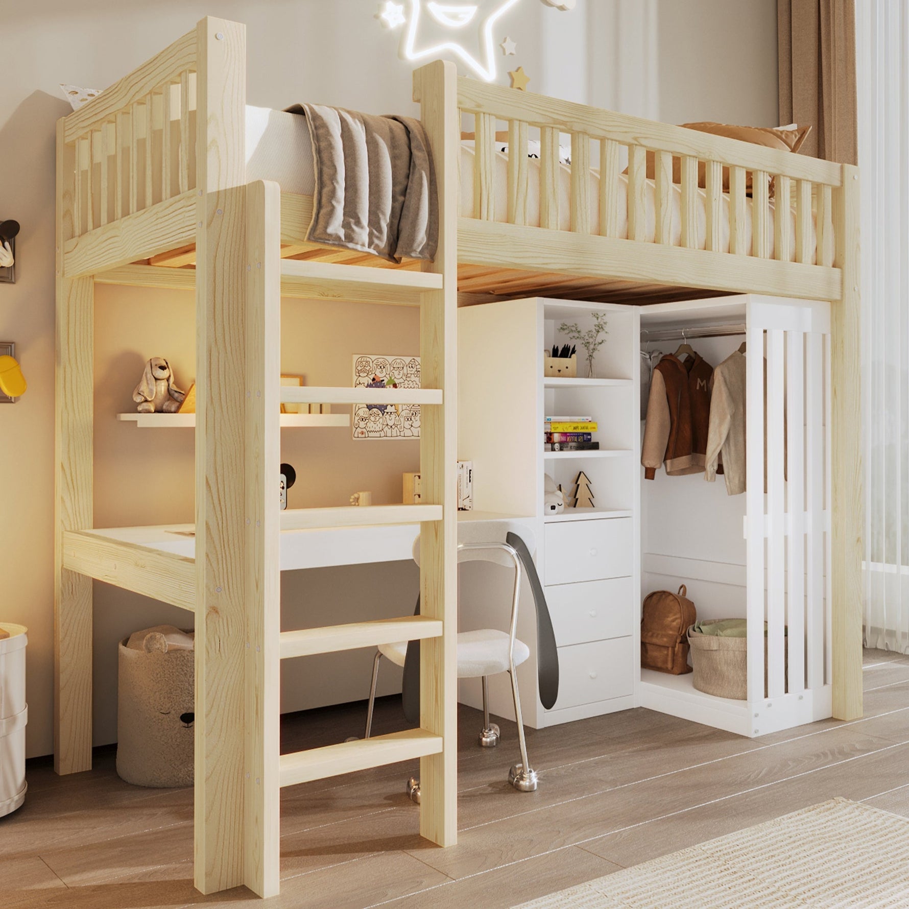 Loft Bed with Desk, Wardrobe and 3 Drawers, Natural