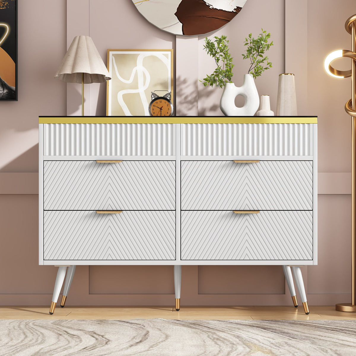 Sideboard, 6-Drawer Amber Glass, White