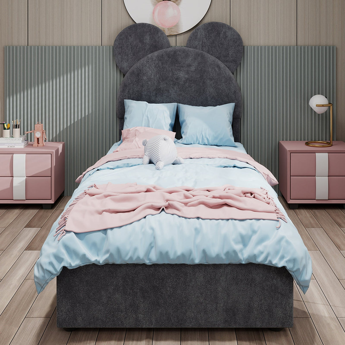 Upholstered Bed, Minimalist with Cartoon Headboard, 90x200 cm, Grey