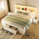 Double Bed 140x190cm with Storage, LED & USB, White Wood