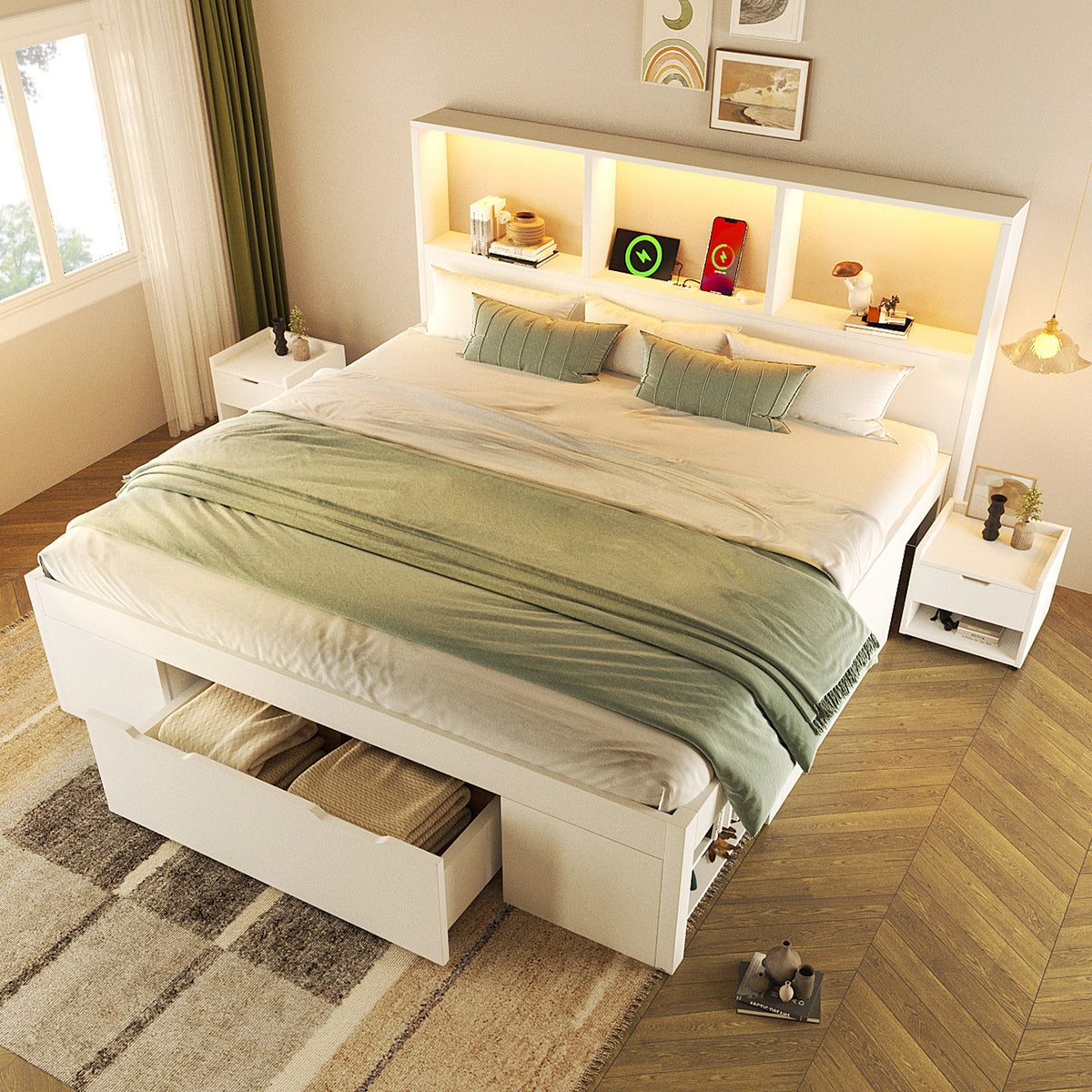 Double Bed 140x190cm with Storage, LED & USB, White Wood