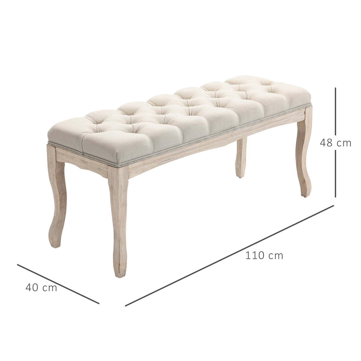 Upholstered bench vintage bed bench for bedroom & living room, rubberwood with linen cover, beige