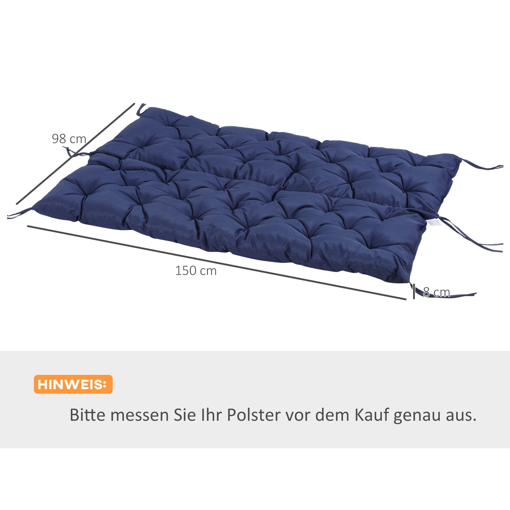 3-Seater Bench Cushion 150x98x8 cm, Outdoor/Indoor Seat Pad with Ties, Dark Blue