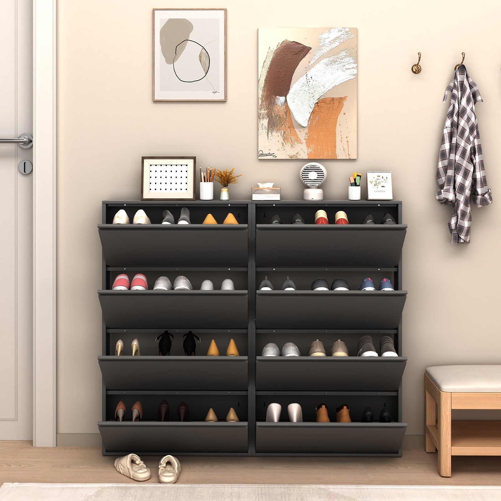 Metal Shoe Cabinet 4 Flip Drawers Narrow Wall Mount Black