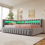 Upholstered Extendable Sofa Bed with LED Lighting, USB Port and Striped Pattern, 90x200cm, Light Grey Velvet
