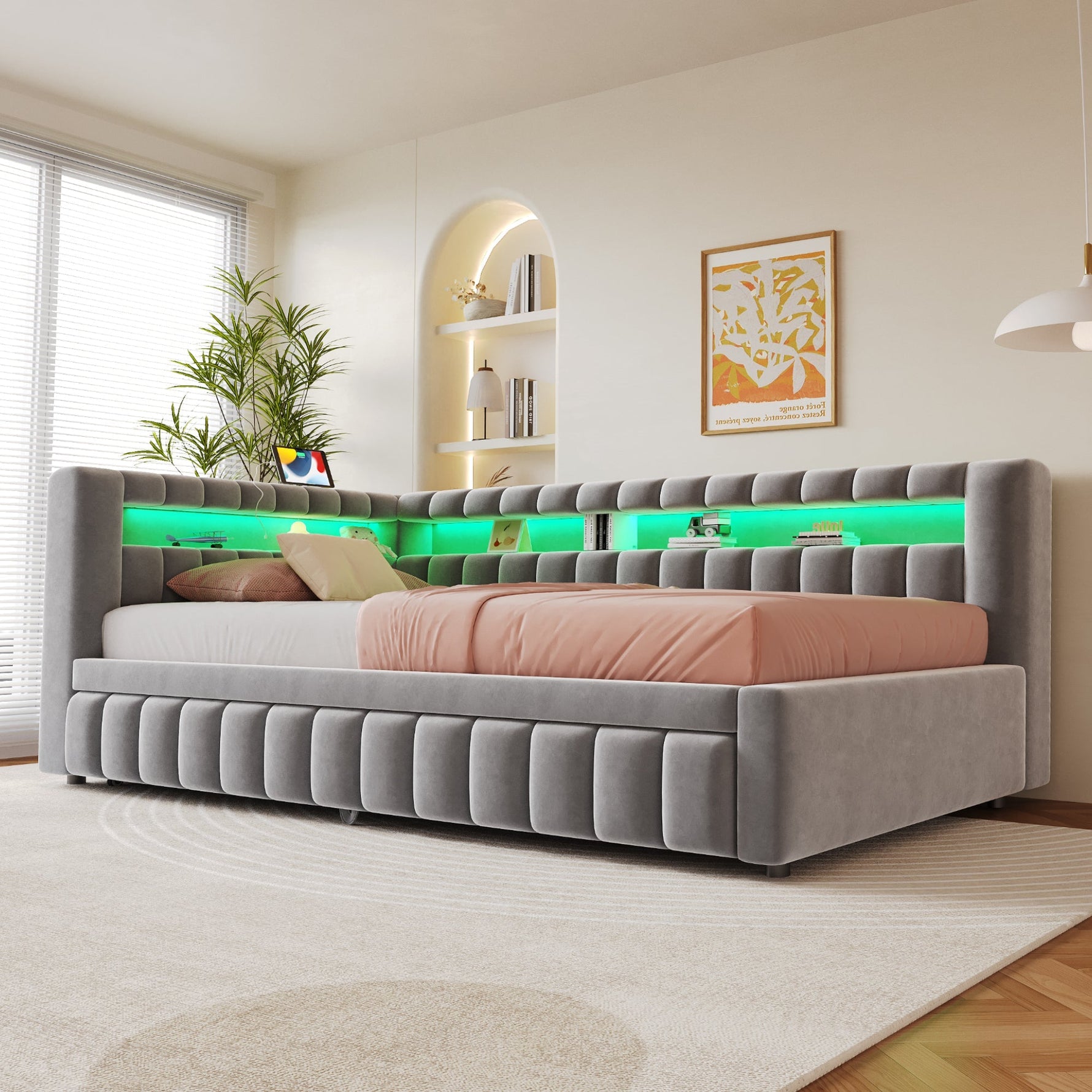 Upholstered Extendable Sofa Bed with LED Lighting, USB Port and Striped Pattern, 90x200cm, Light Grey Velvet