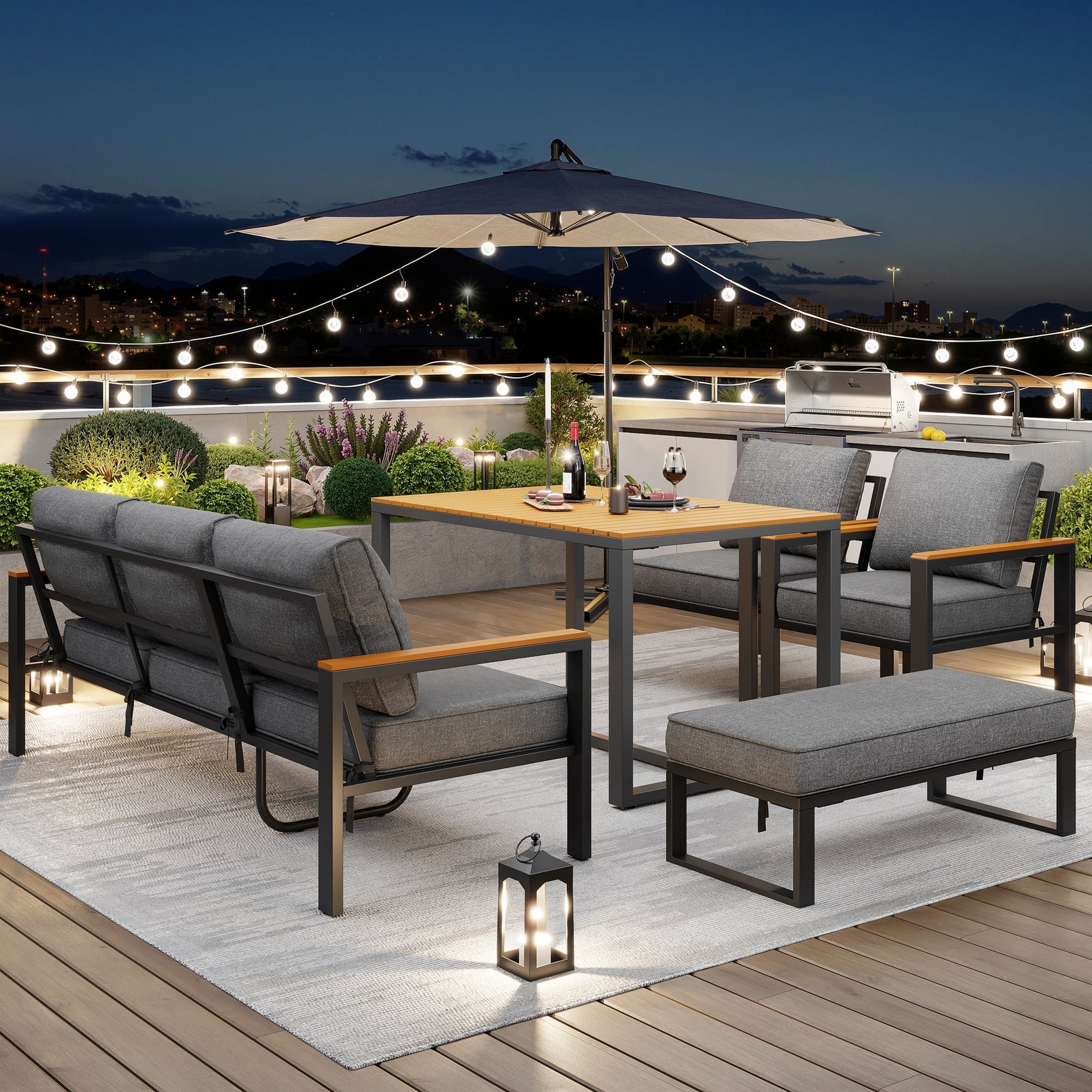 Garden Lounge Set for 6-7 People, Weatherproof Seating Group, Galvanized Iron Frame