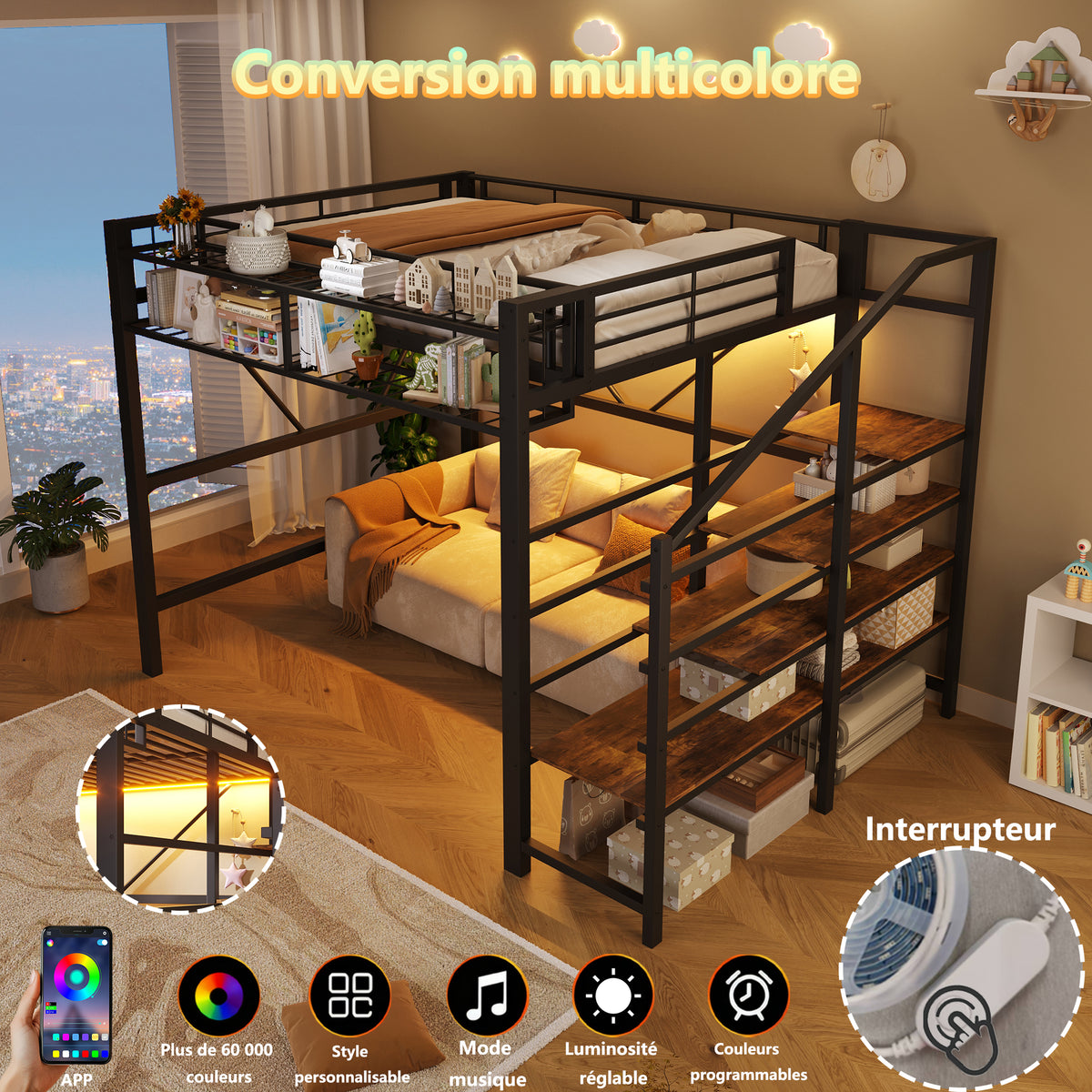 Loft Bed 140x200cm with LED Light Strip, Black Metal