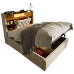 Upholstered Bed 90x200cm with Hydraulic Storage & LED, Beige Linen