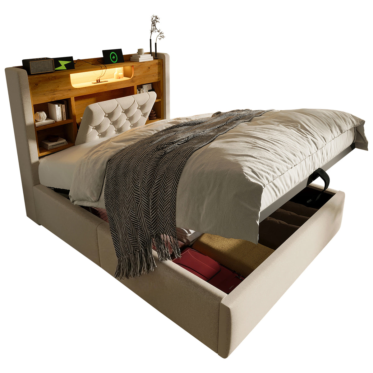 Upholstered Bed 90x200cm with Hydraulic Storage & LED, Beige Linen