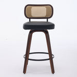 Set of 2 Counter Height Bar Stools with Swivel and Rattan Cane Back, Walnut Black