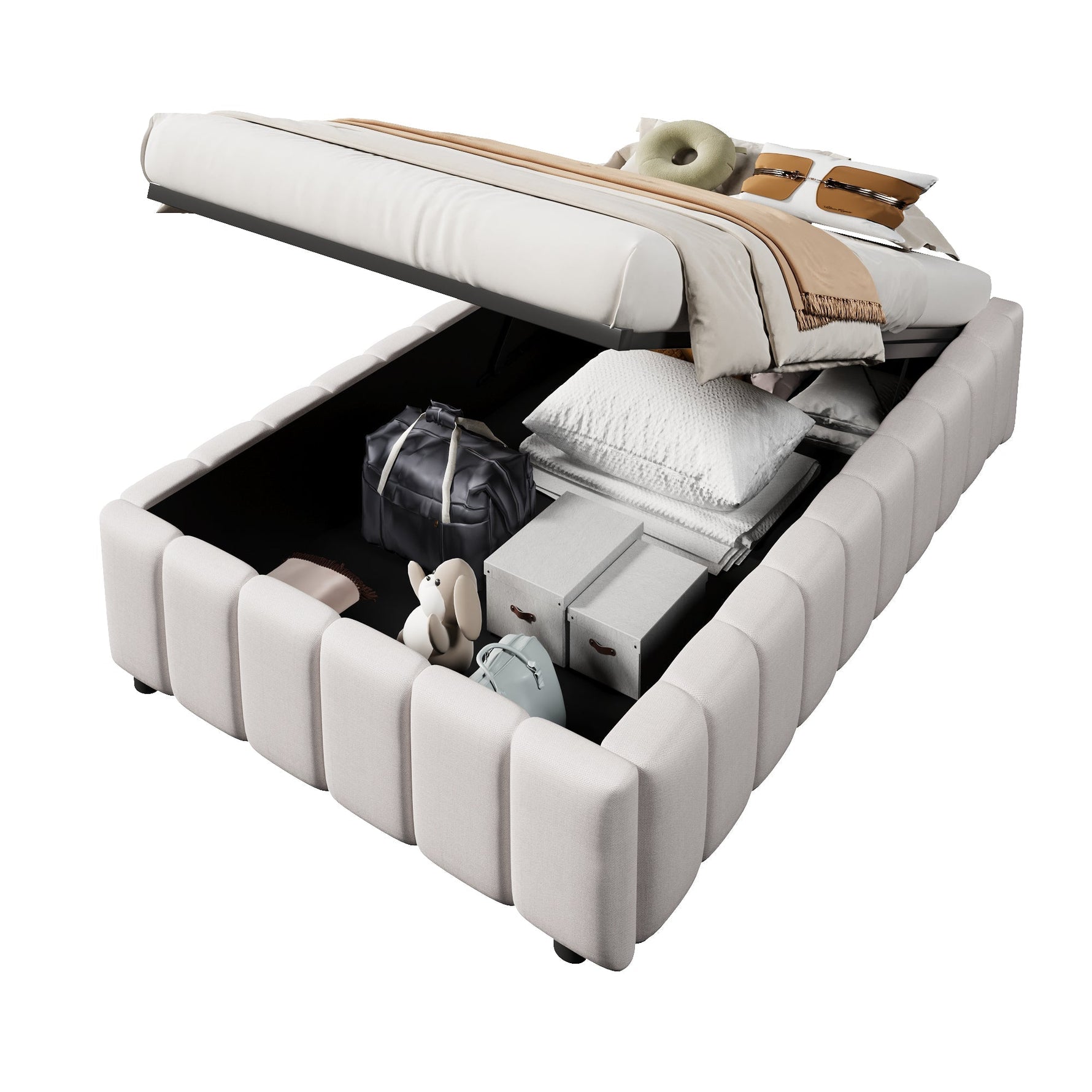 Upholstered Bed 90x200cm Hydraulic Storage - Beige