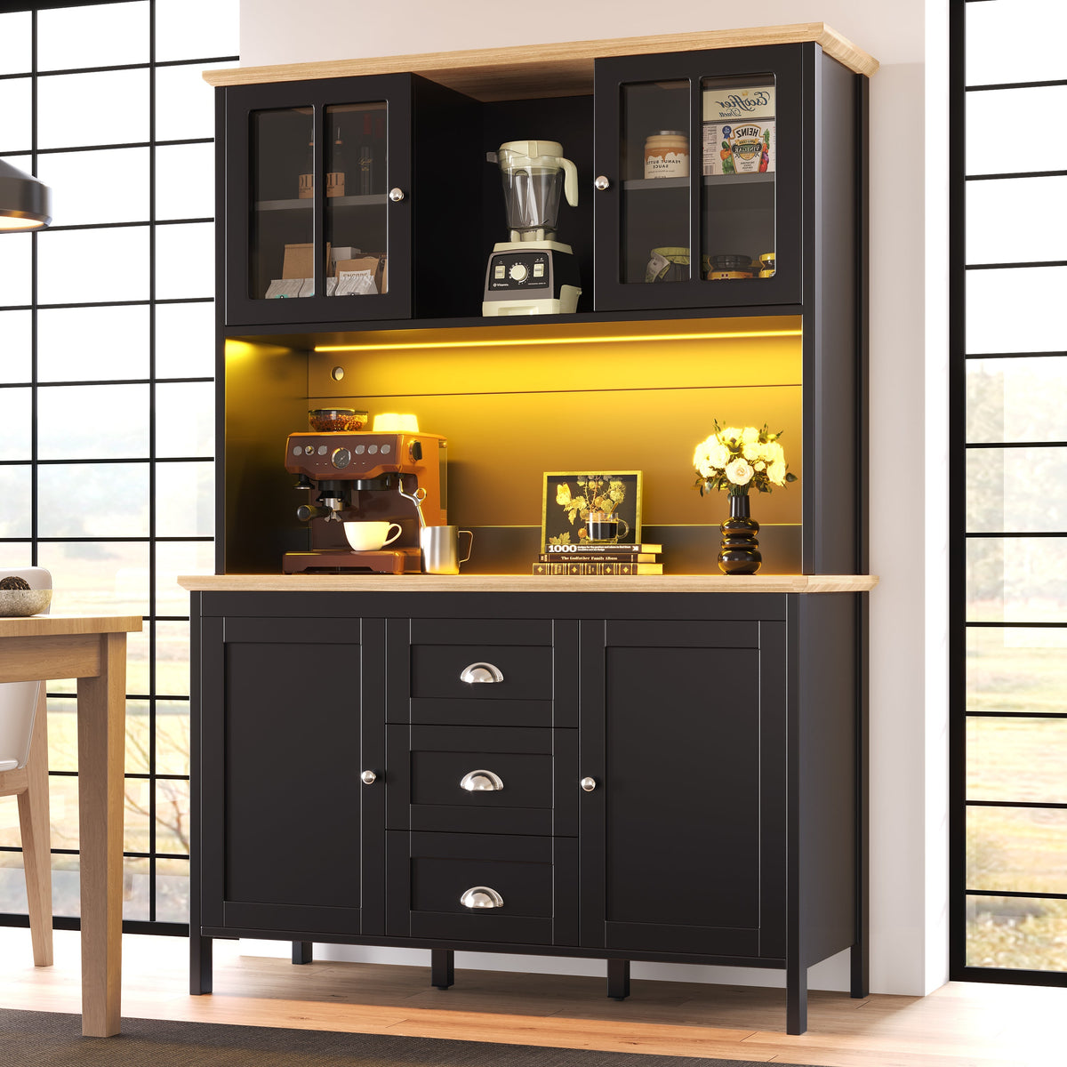 Tall Sideboard with LED Lighting, 4 Doors and 3 Drawers, White and Black