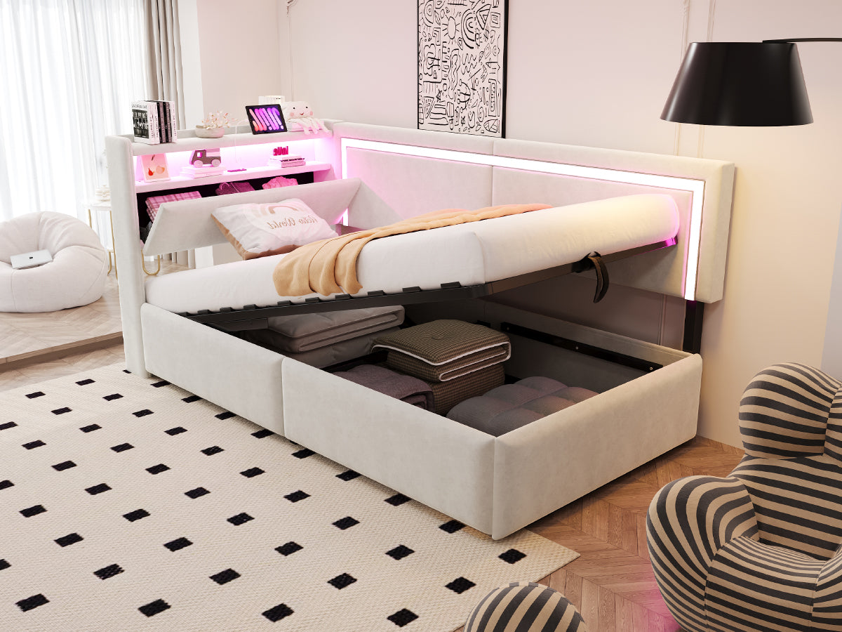 Upholstered Sofa Bed 90x200 cm with LED Lighting, USB Ports and Hydraulic Storage, Beige Velvet