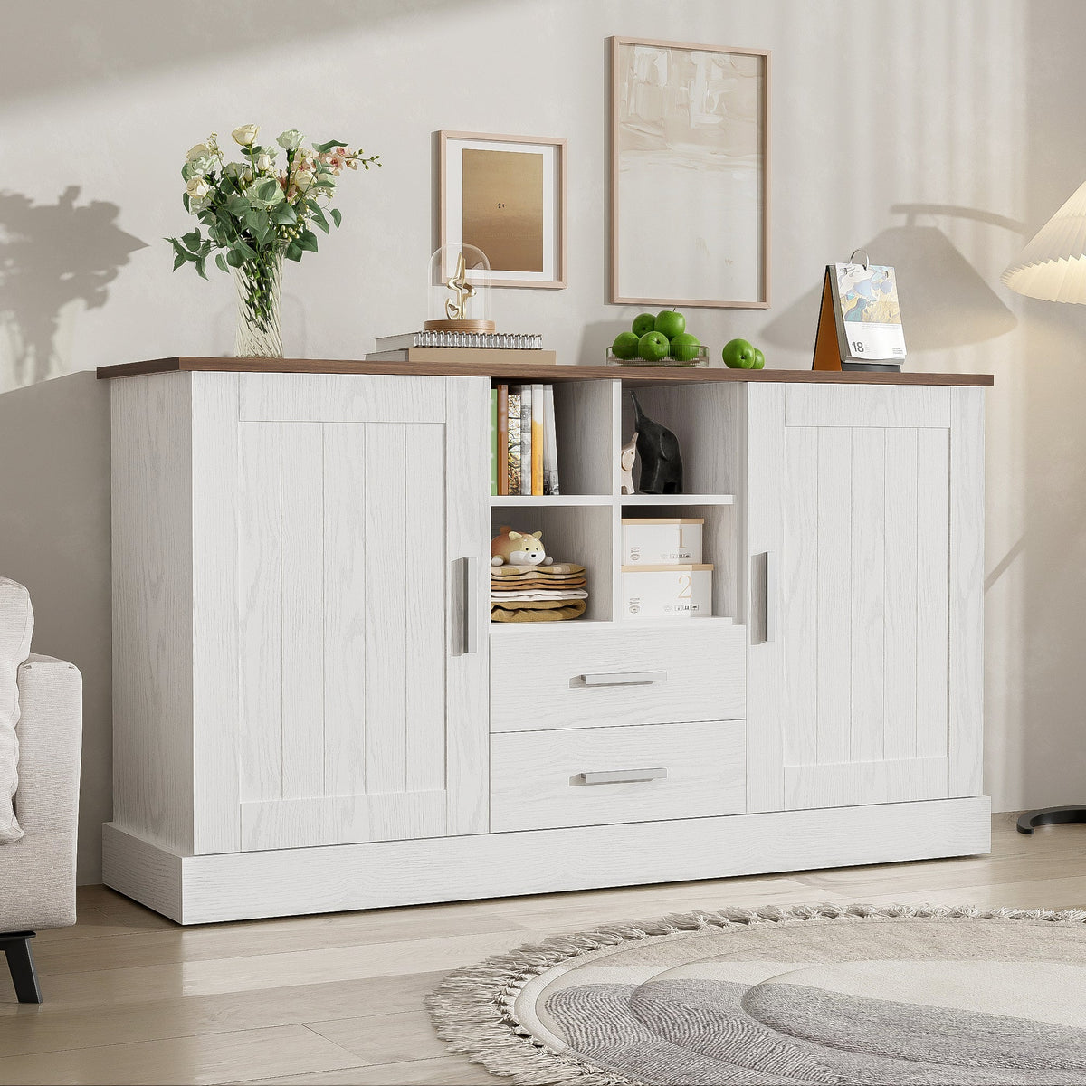 Sideboard 140x40x79.5cm, 2 Doors 2 Drawers, White and Brown Wood Grain