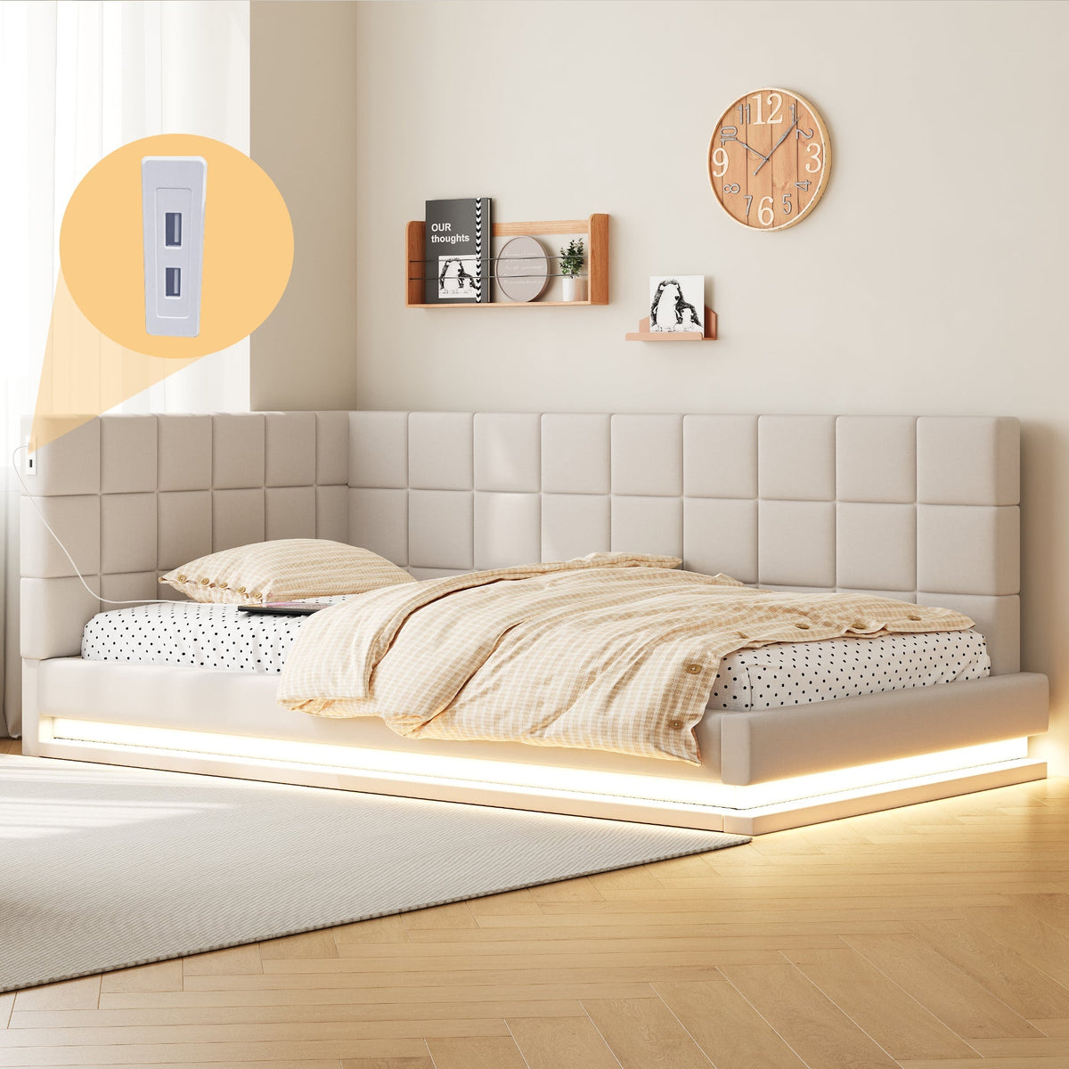 Upholstered Bed Sofa, 90x200 Multifunctional with LED & USB, Linen Fabric, Beige
