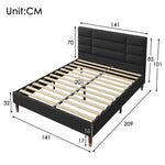 Upholstered Double Bed, 140x200cm with Headboard & Slatted Frame, Black Linen