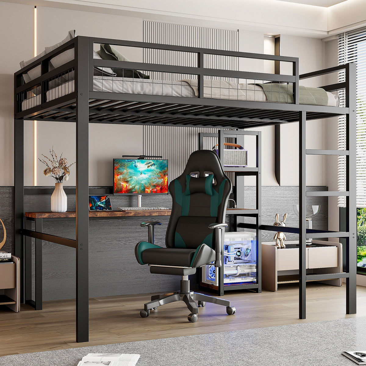 Loft Bed 140x200cm Iron Frame Desk Shelves Power USB/Type-C - Black
