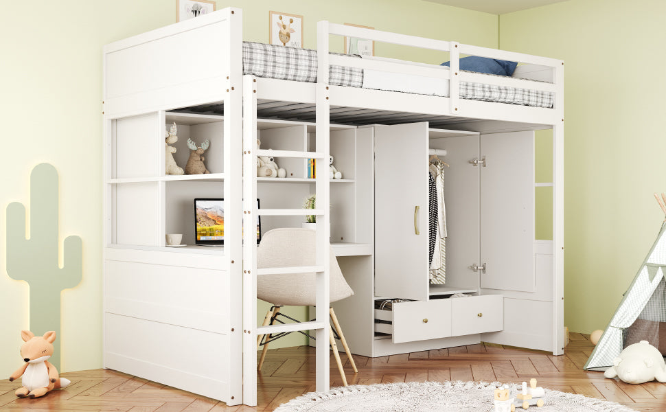 Loft Bed 90x200cm, Ladder, Desk, Wardrobe & Drawers, White