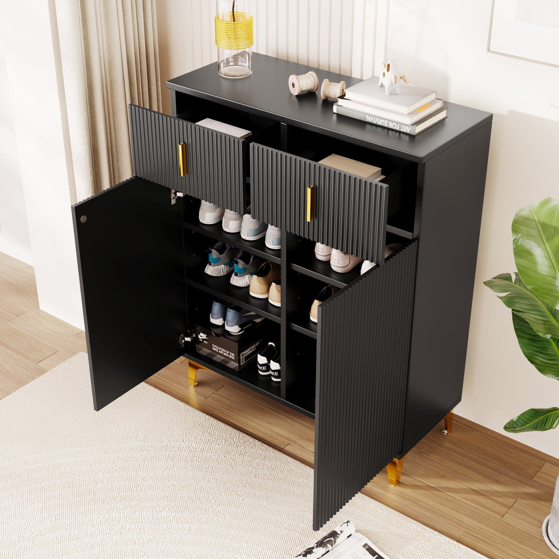 Sideboard/Shoe Cabinet with Adjustable Shelves, Drawers, Gilded Decorations, Black