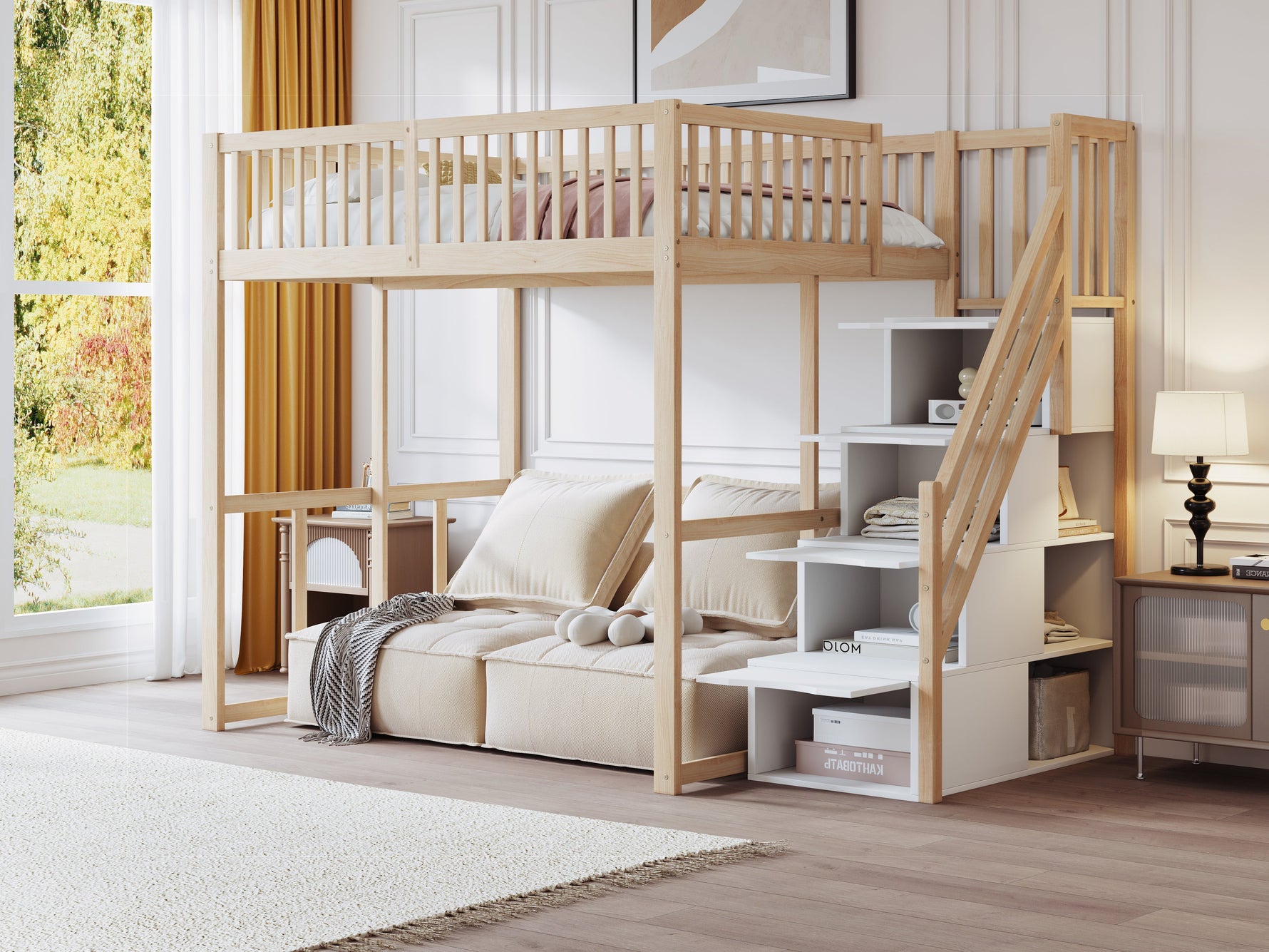 Loft Bed 140x200cm with Safety Ladder Railing & Storage Solid Pine Wood Color
