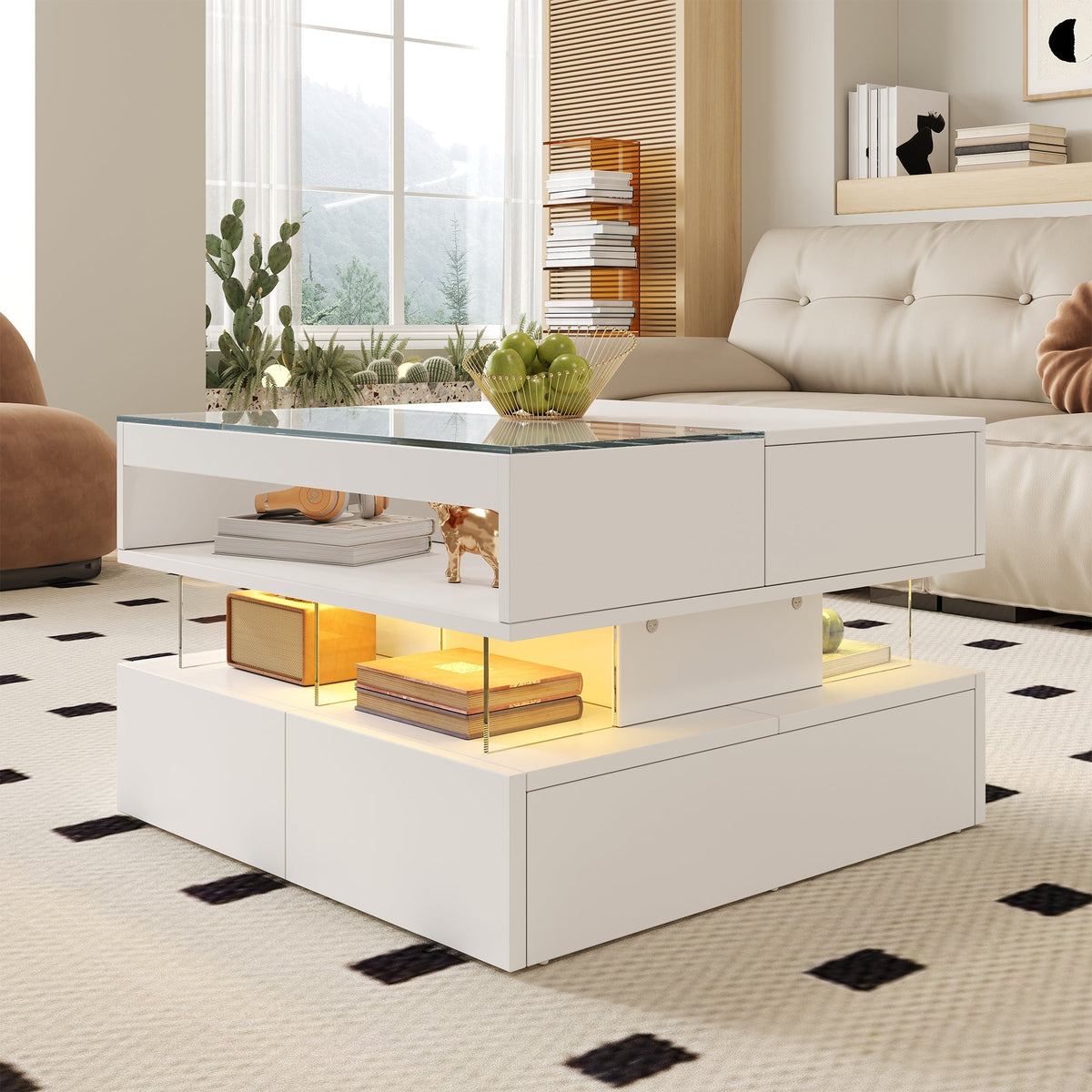 Coffee Table, Height-Adjustable with 16-Color Lighting, Glass & Acrylic