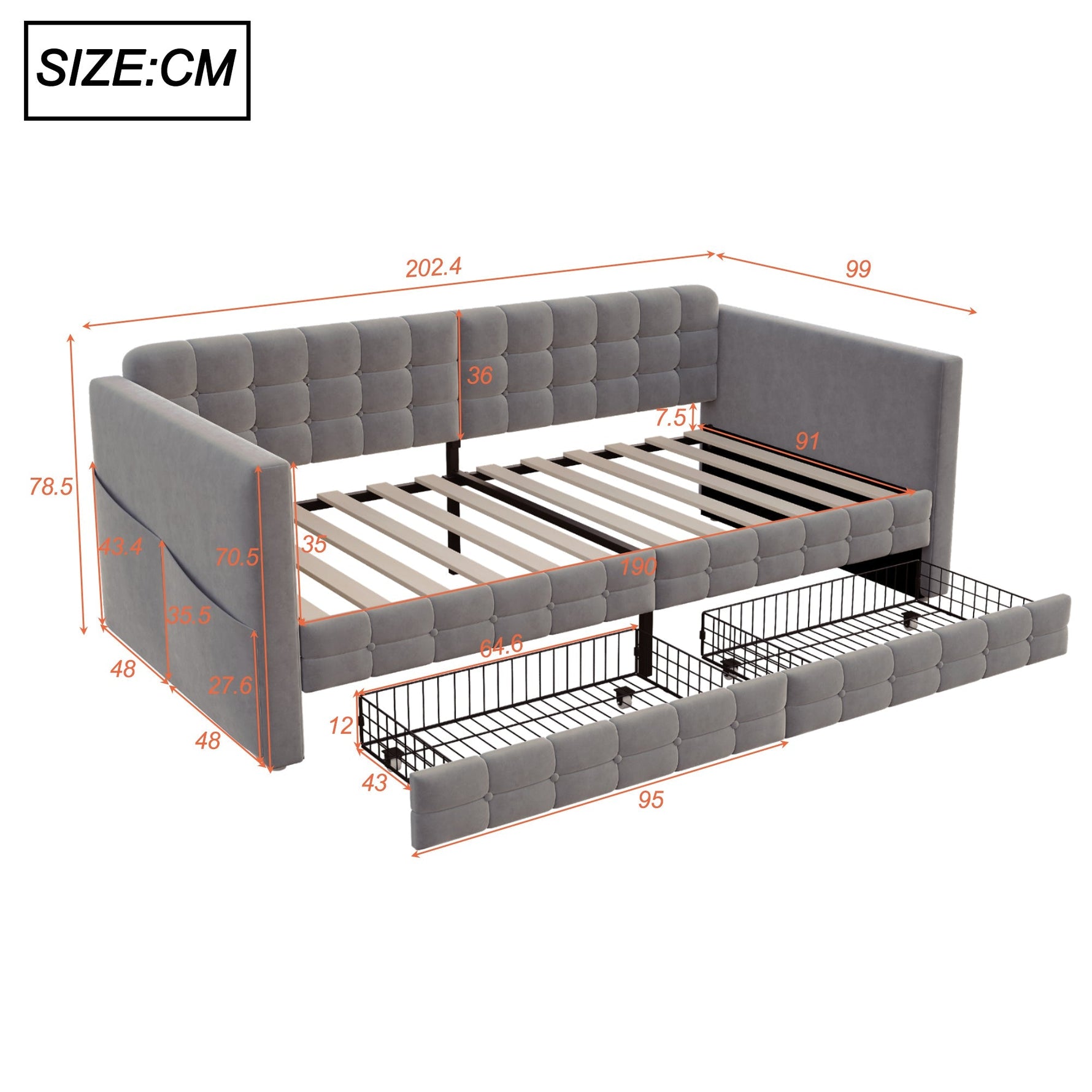 Upholstered Sofa Bed 90x190 with Side Storage and Drawers, Grey Velvet