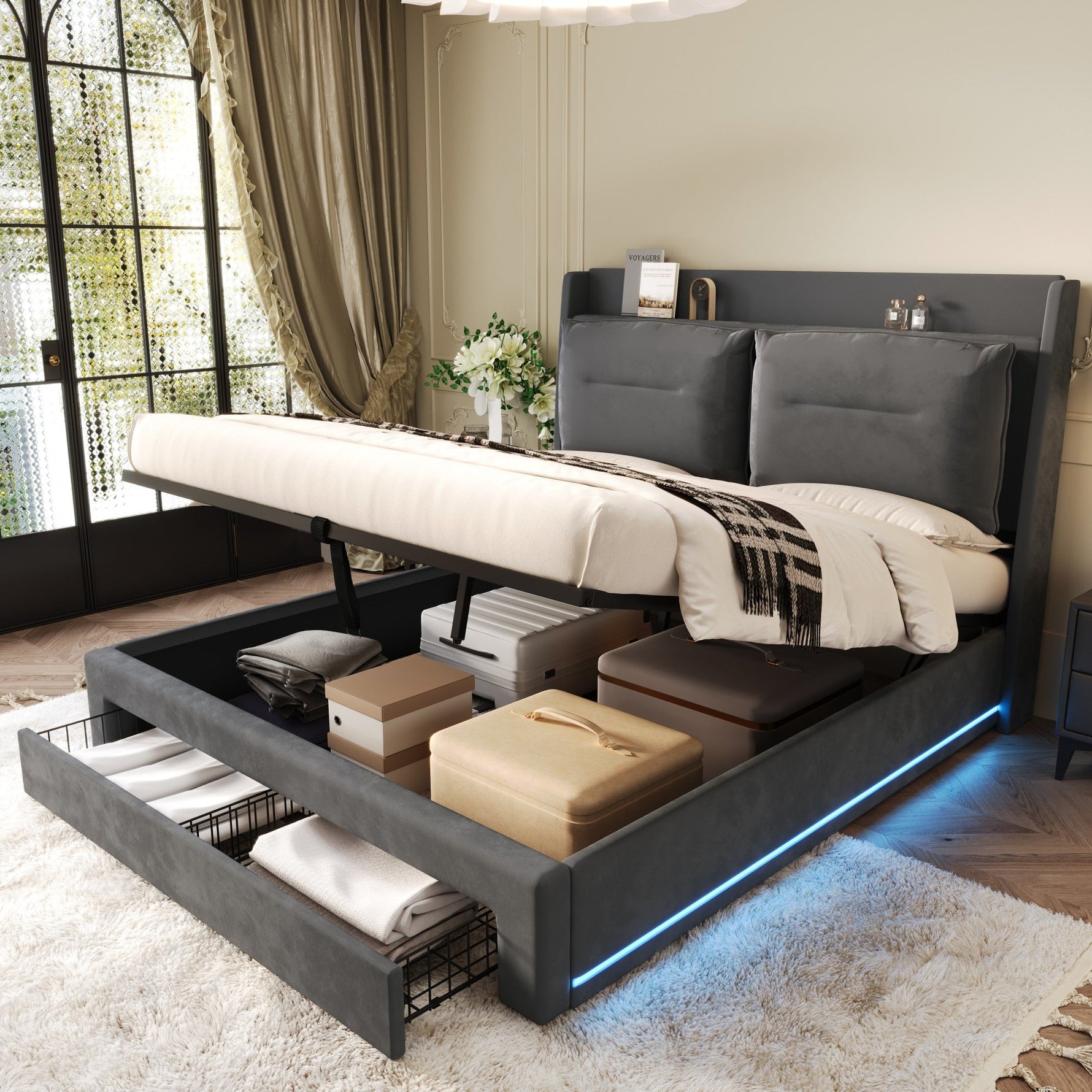 LED upholstered bed, 140 × 190 cm, hydraulic bed, 2-in-1 storage drawers at the foot of the bed, built-in LED light strips on both sides of the bed, slatted base, mattress not included, velvet, grey.