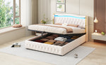 Upholstered Bed 160x200cm, LED Lighting, Hydraulic Storage, Velvet Fabric Beige