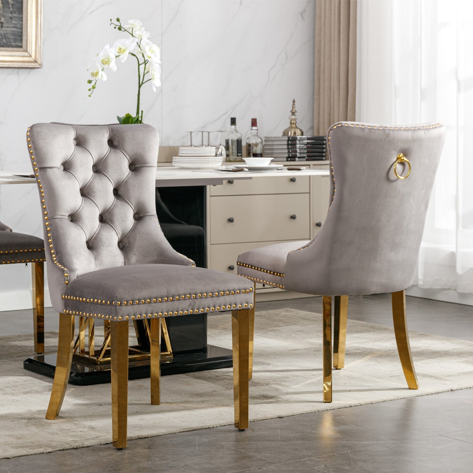 A&A Furniture Nikki Collection Tufted Velvet Dining Chair Set of 2 Golden Legs - Grey/Gold