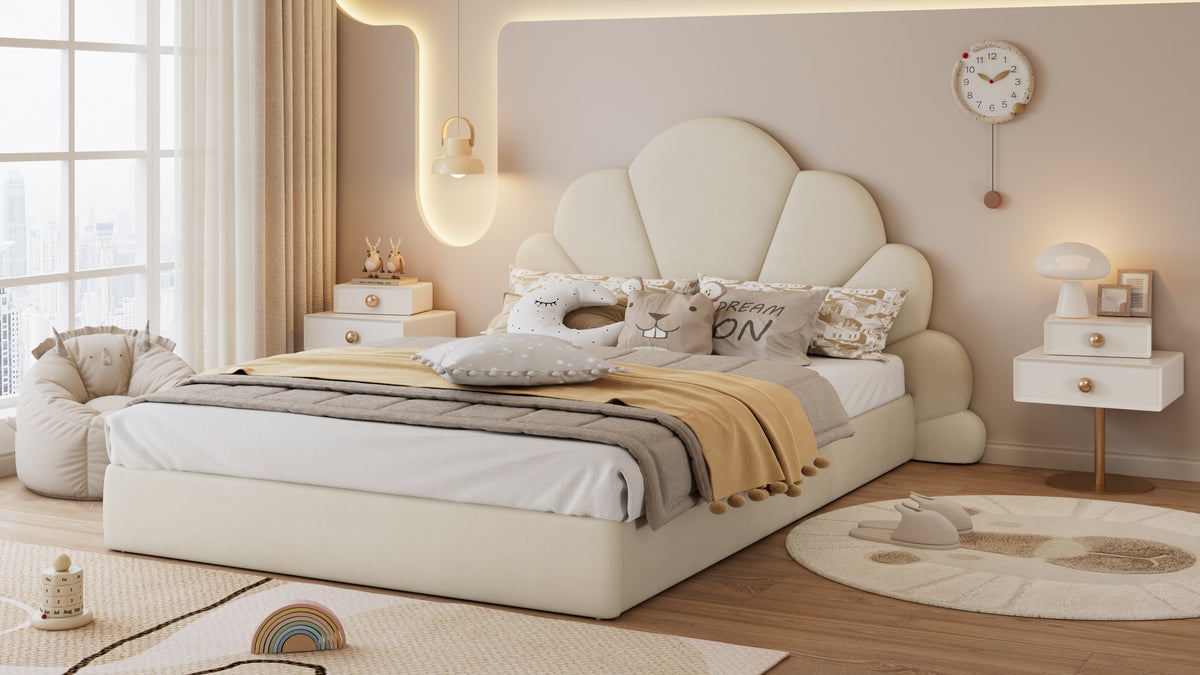 Upholstered Double Bed with Petal Headboard, 140x200cm, Beige Velvet