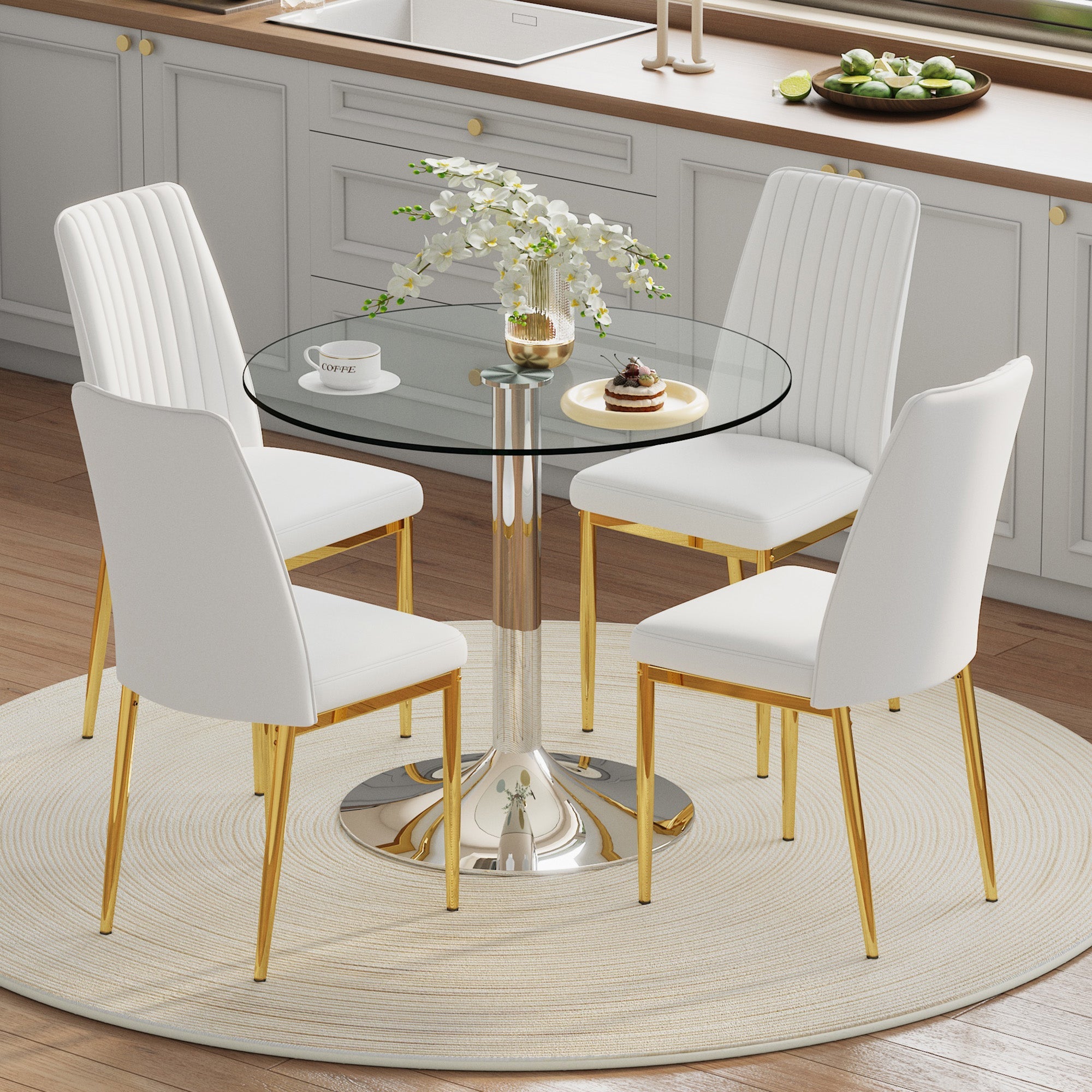 Dining Table Set, Minimalist 85cm Glass Table & 4 Chairs, White Faux Leather