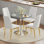 Dining Table Set, Minimalist 85cm Glass Table & 4 Chairs, White Faux Leather