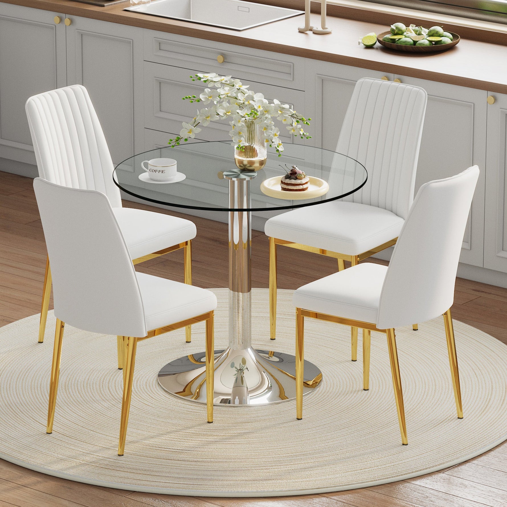 Dining Table Set, Minimalist 85cm Glass Table & 4 Chairs, White Faux Leather