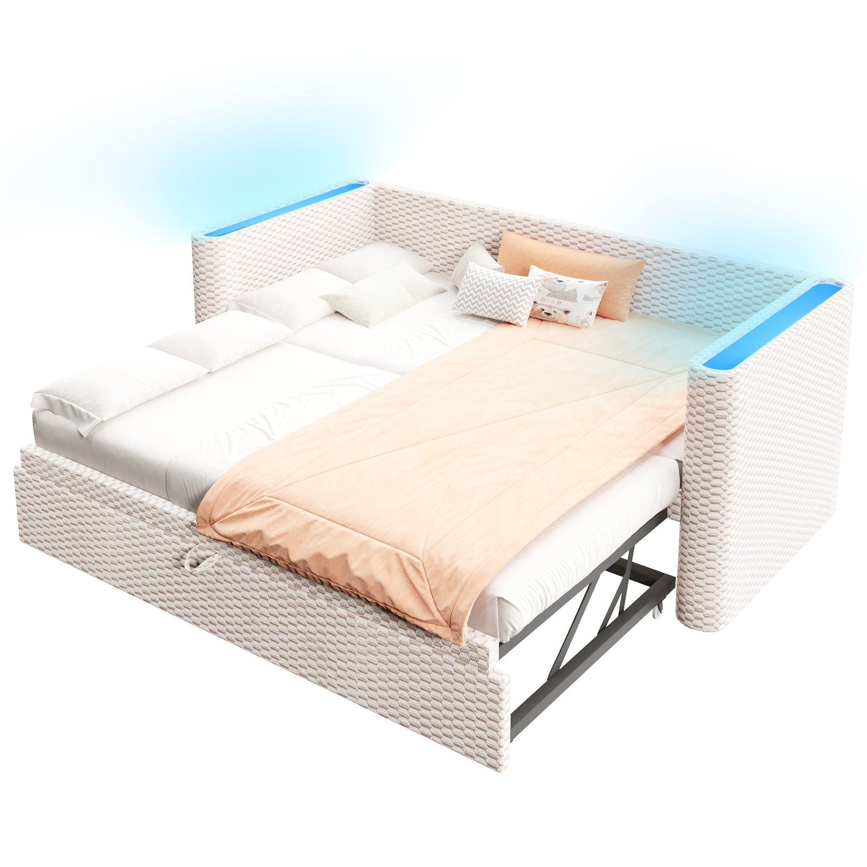 Daybed Sofa Bed 90/180x200cm Pull-out Bed Multifunctional LED Light - Velvet Beige