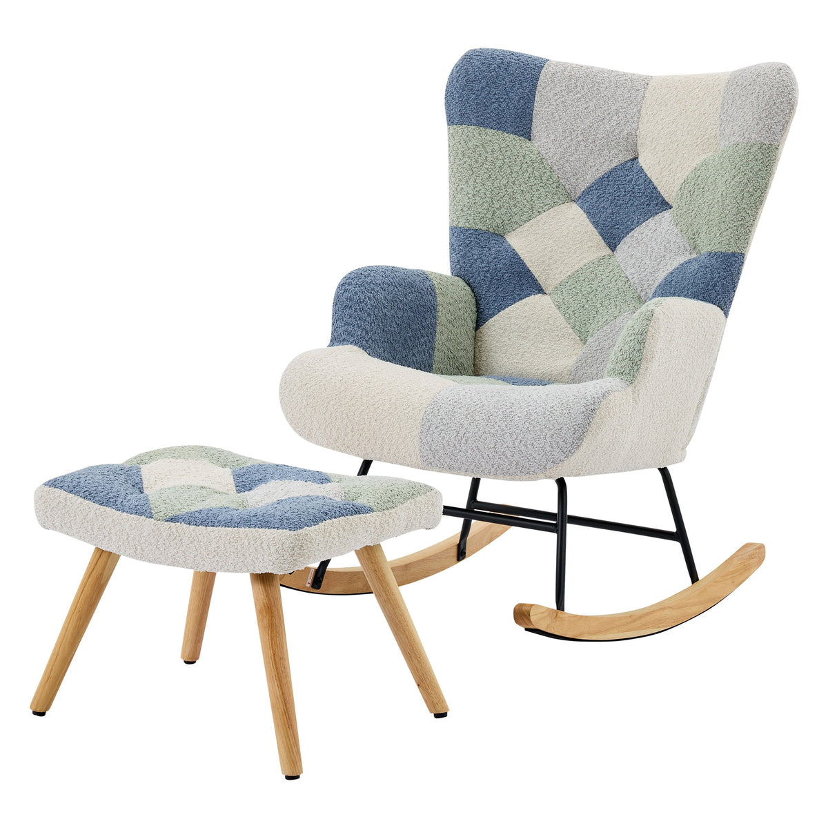 Rocking Recliner with Footstool and Upholstered Armchair, Patchwork Houndstooth Pattern