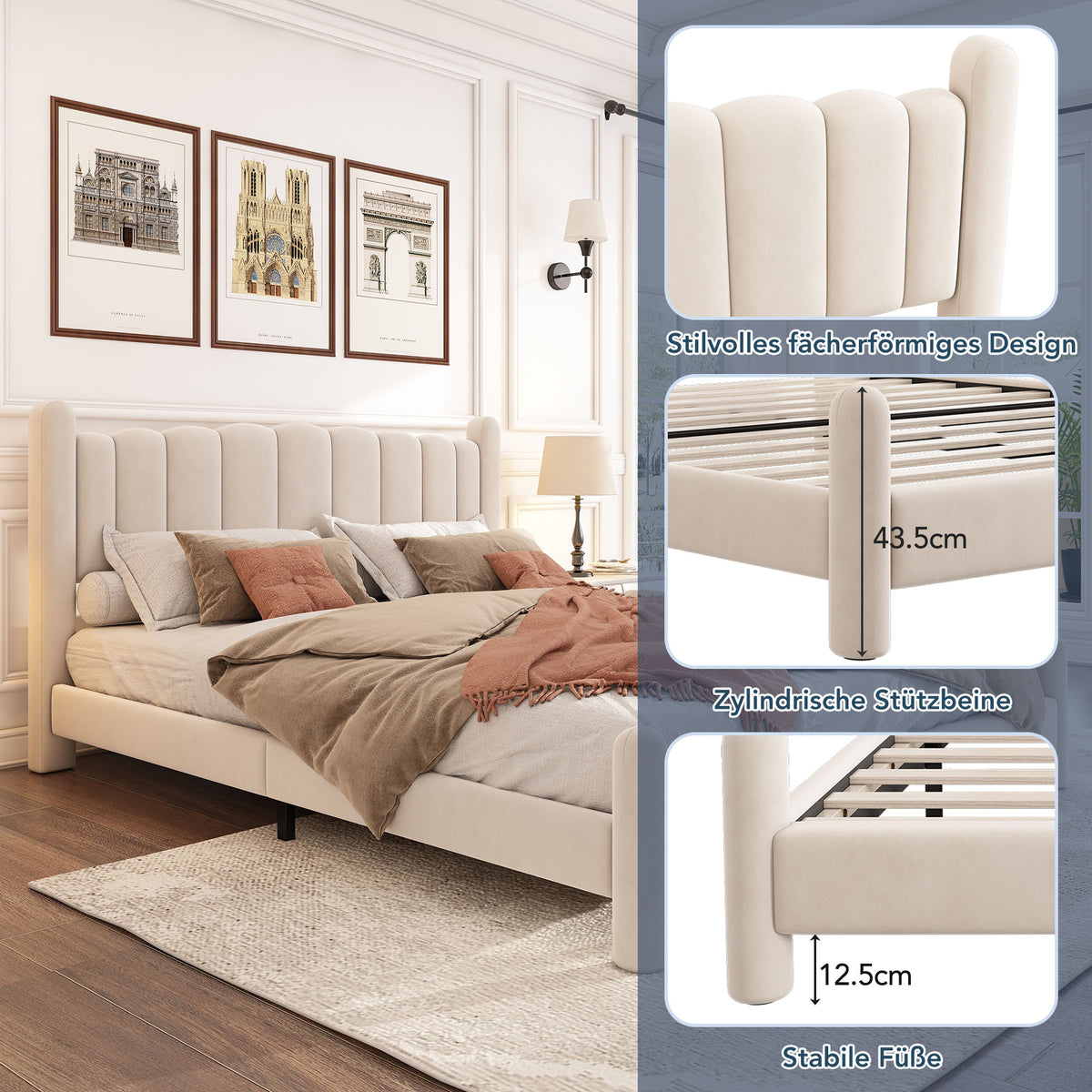 Upholstered Bed 180x200cm with Slatted Frame, Beige Velvet