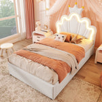 Upholstered Bed 90x200cm Hydraulic Storage LED Crown Adjustable Headboard - PU White
