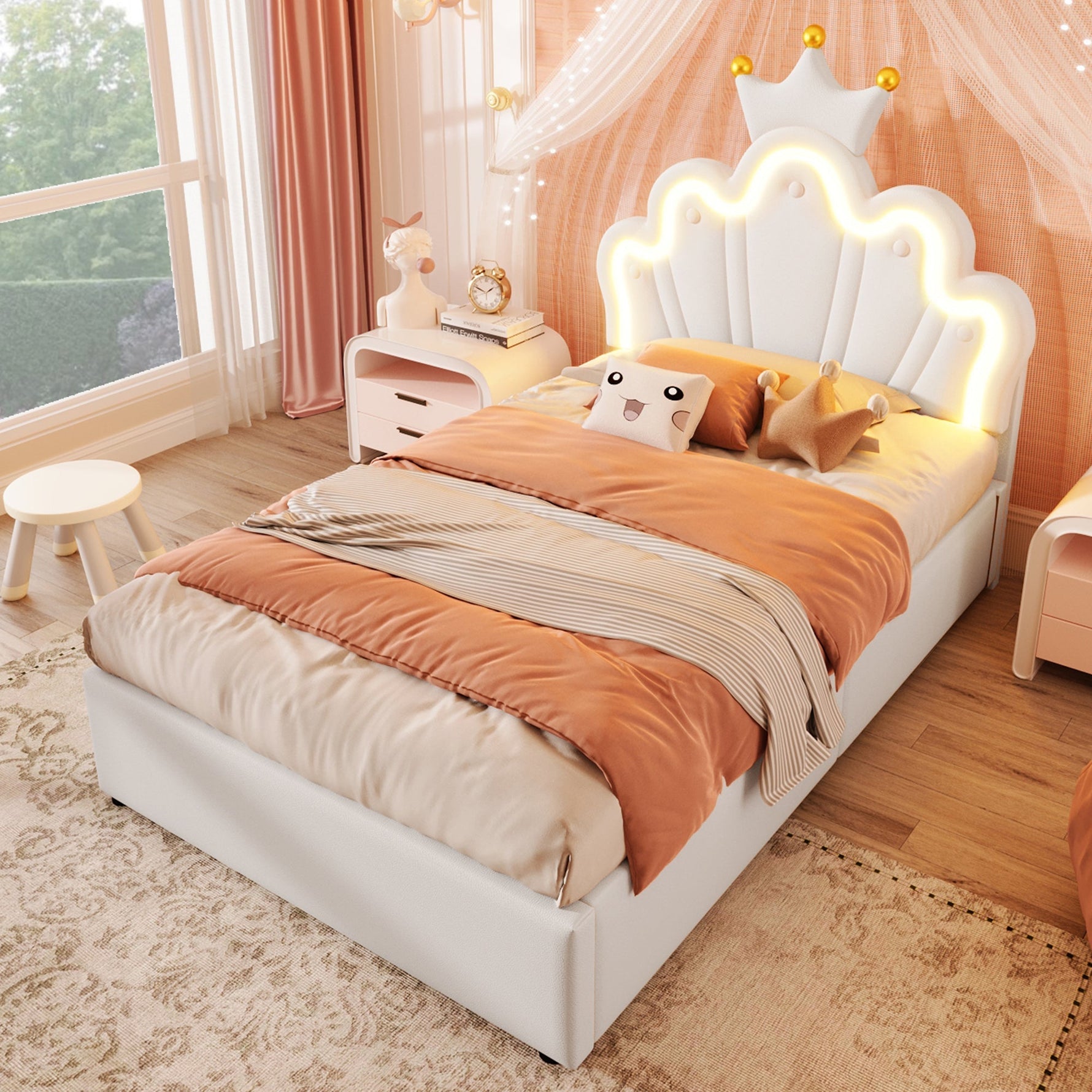 Upholstered Bed 90x200cm Hydraulic Storage LED Crown Adjustable Headboard - PU White