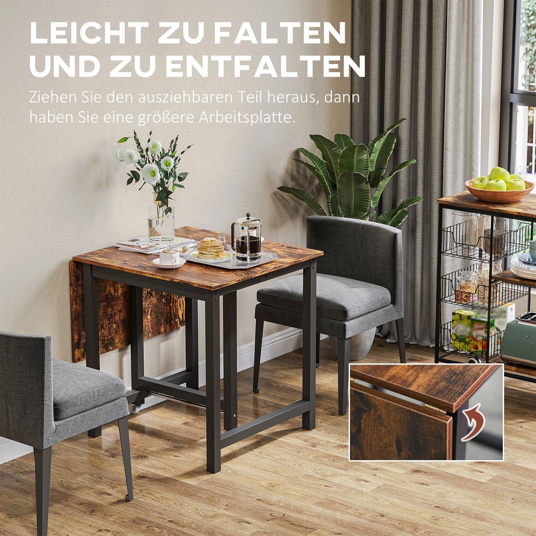 Extendable Dining Table, Folding Kitchen with Wheels, Metal Brown