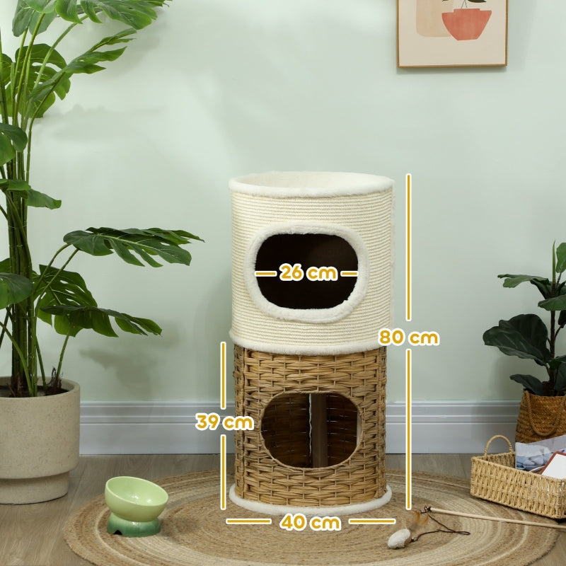Cat Scratching Barrel, 80cm High, Three-Tier, Plush Rim, Cream White + Brown
