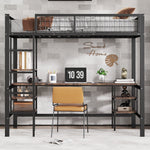 Iron Bunk Bed 90x200cm with Table Shelf Ladder for Children/Teens, Black/Dark Wood Color, Iron/Chipboard