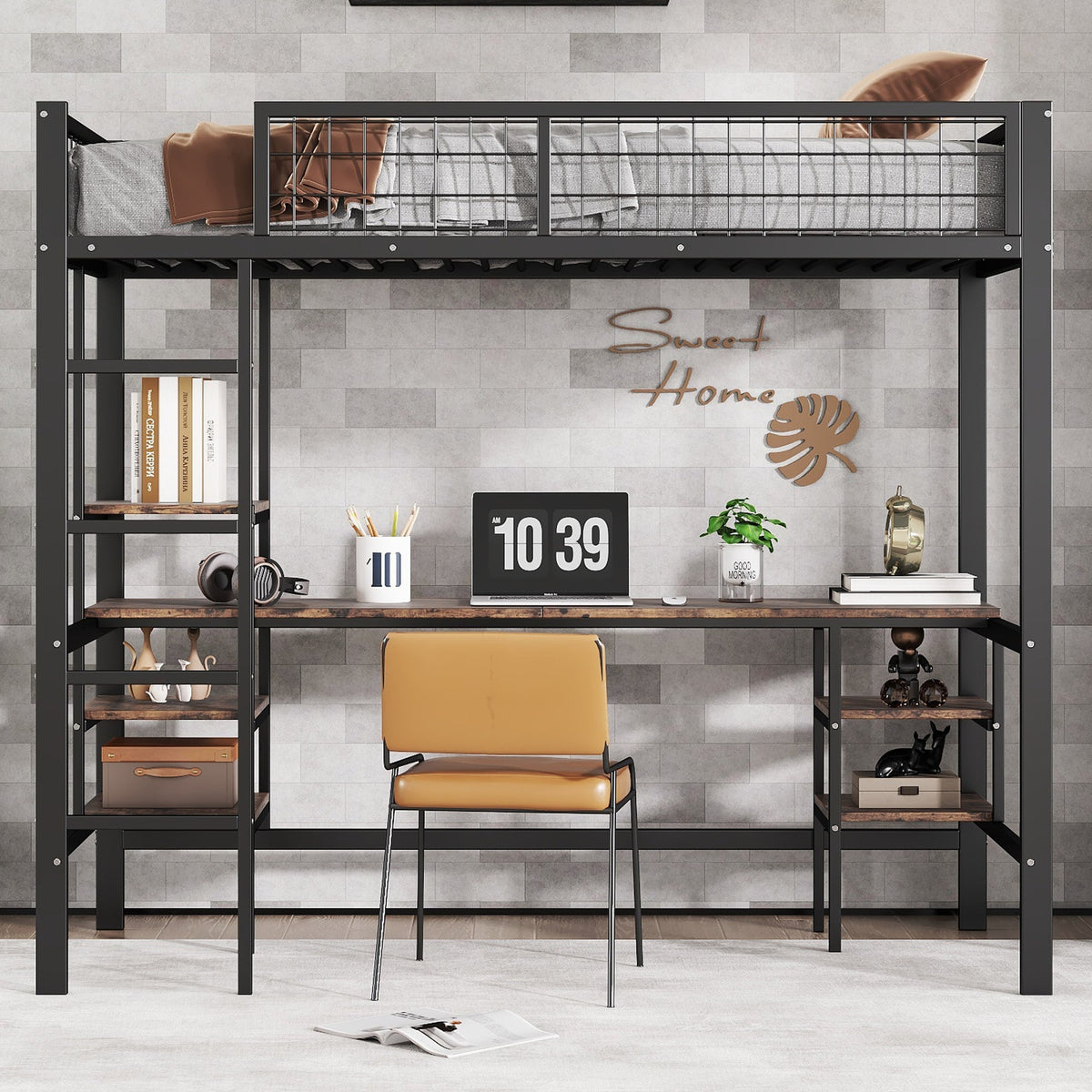 Iron Bunk Bed 90x200cm with Table Shelf Ladder for Children/Teens, Black/Dark Wood Color, Iron/Chipboard