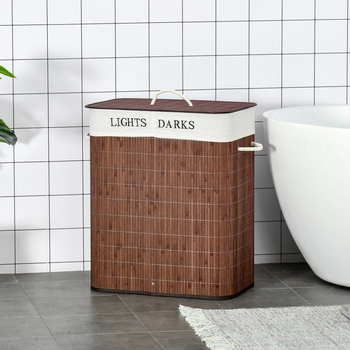Laundry Basket Hamper 100L 3 Handles Washable Bag, Bamboo Cotton Metal Brown+White